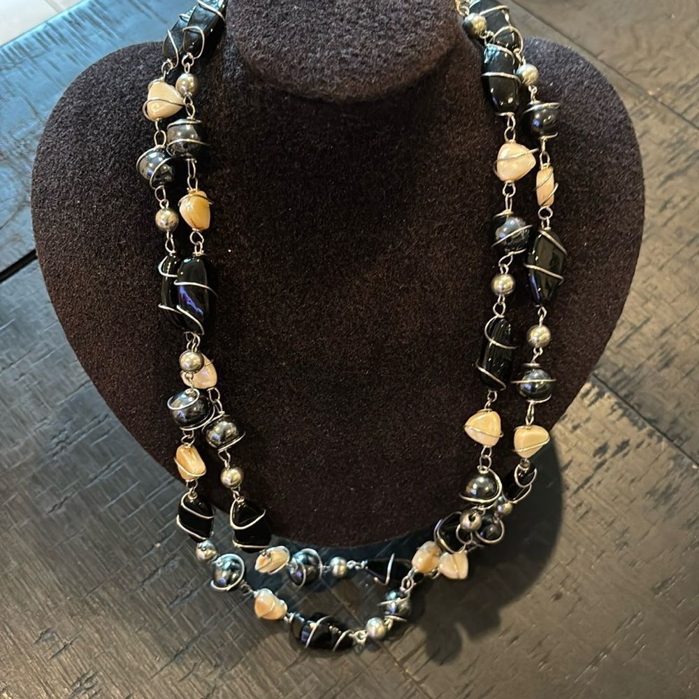 Vintage Caged Glass Bead Odd Shapes Long Black & Cream Silverstone Necklace​